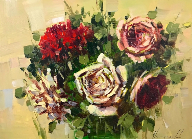Bouquet of Roses, Original oil Painting, Handmade artwork, Ready to hang                 